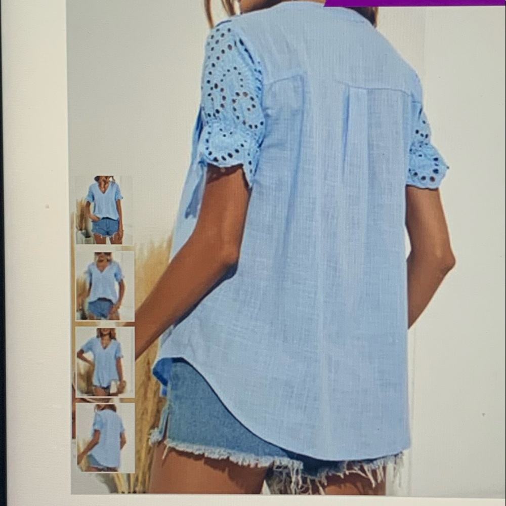 NWT Blue Pin Tuck Lace-Sleeve V-neck Top Women - Picture 3 of 5